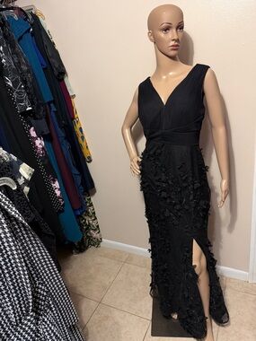 Aidan Mattox Black V-Neck Embellished Gown